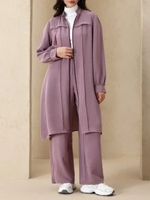 Modelyn Fitted Elegant Solid Color Zipper Long Sleeve Outerwear Arabic Style Women Outfit, Autumn/Winter Fall - Purple - View 5