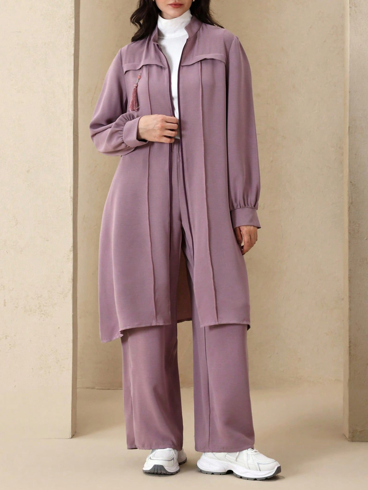 Modelyn Fitted Elegant Solid Color Zipper Long Sleeve Outerwear Arabic Style Women Outfit, Autumn/Winter Fall - Purple - View 5