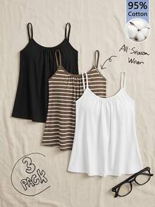 Tseoso 3 piezas/Set de camisillas de algodón a rayas y de unicolor para mujer, con ajuste holgado fruncido y tirantes ajustables, ropa interior esencial para primavera, verano y otoño - Multicolor - Ver 1