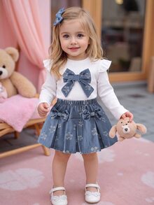 SHEIN Playful Pals 幼童女款針織上衣套裙，可愛白色藍色蝴蝶結荷葉邊花卉印花百褶飛袖圓領，親子套裝秋季公主芭蕾風 - 白色 - 查看 9