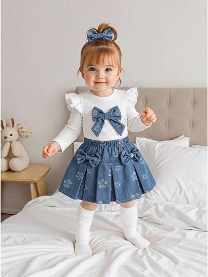 SHEIN Playful Pals Toddler Girl Knitted Top Skirt Cute White Blue Bow Ruffle Floral Print Pleated Flutter Sleeve Round Neck Family Matching Autumn Princess Ballet