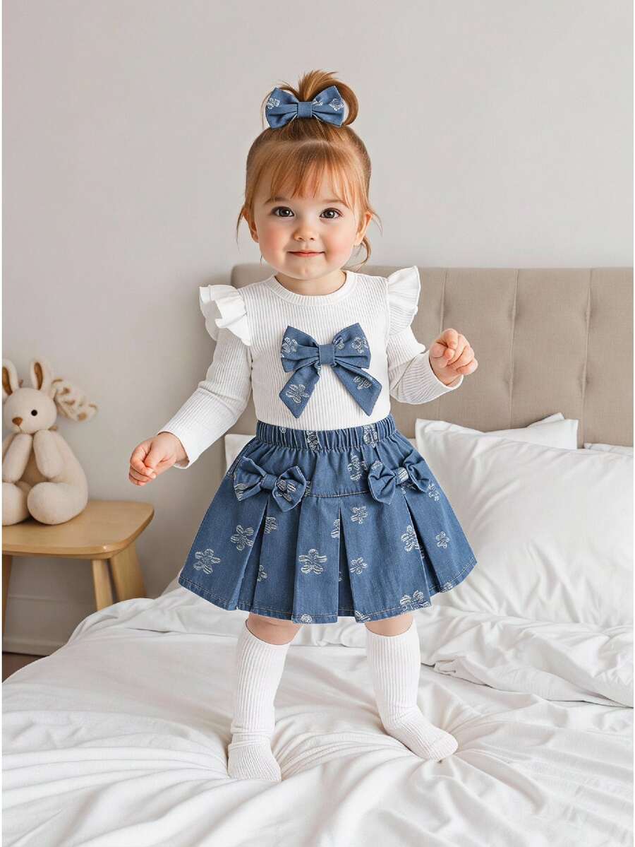 SHEIN Playful Pals 幼童女款針織上衣套裙，可愛白色藍色蝴蝶結荷葉邊花卉印花百褶飛袖圓領，親子套裝秋季公主芭蕾風