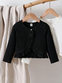 Elladie kids 2pcs/Set Young Girls Solid Color Long Sleeve Knitted Jacket, Minimalist Style Coat, Suitable For Casual Wear In Spring And Summer Fall Winter - Multicolor - View 4