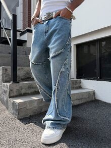 Manfinity EMRG Men's Street Casual Design Frayed Patchwork Vintage Washed Wide Leg Jeans, Goth - Light Wash - View 4