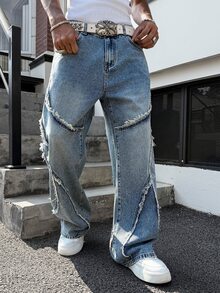 Manfinity EMRG Men's Street Casual Design Frayed Patchwork Vintage Washed Wide Leg Jeans, Goth - Light Wash - View 5