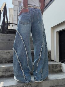 Manfinity EMRG Men's Street Casual Design Frayed Patchwork Vintage Washed Wide Leg Jeans, Goth - Light Wash - View 2