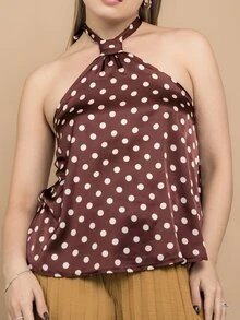 Ximena Robles Ximena Robles 夏季女款棕色聚會時尚掛脖綁帶波點印花上衣，巧克力棕波點掛脖上衣，度假女裝上衣 - 咖啡棕 - 查看 3