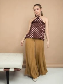 Ximena Robles Ximena Robles 夏季女款棕色聚會時尚掛脖綁帶波點印花上衣，巧克力棕波點掛脖上衣，度假女裝上衣 - 咖啡棕 - 查看 6