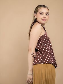 Ximena Robles Ximena Robles 夏季女款棕色聚會時尚掛脖綁帶波點印花上衣，巧克力棕波點掛脖上衣，度假女裝上衣 - 咖啡棕 - 查看 5