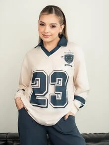 Ximena Robles Ximena Robles 女式休闲 Polo 领数字印花落肩长袖上衣 - 彩色 - 查看 1