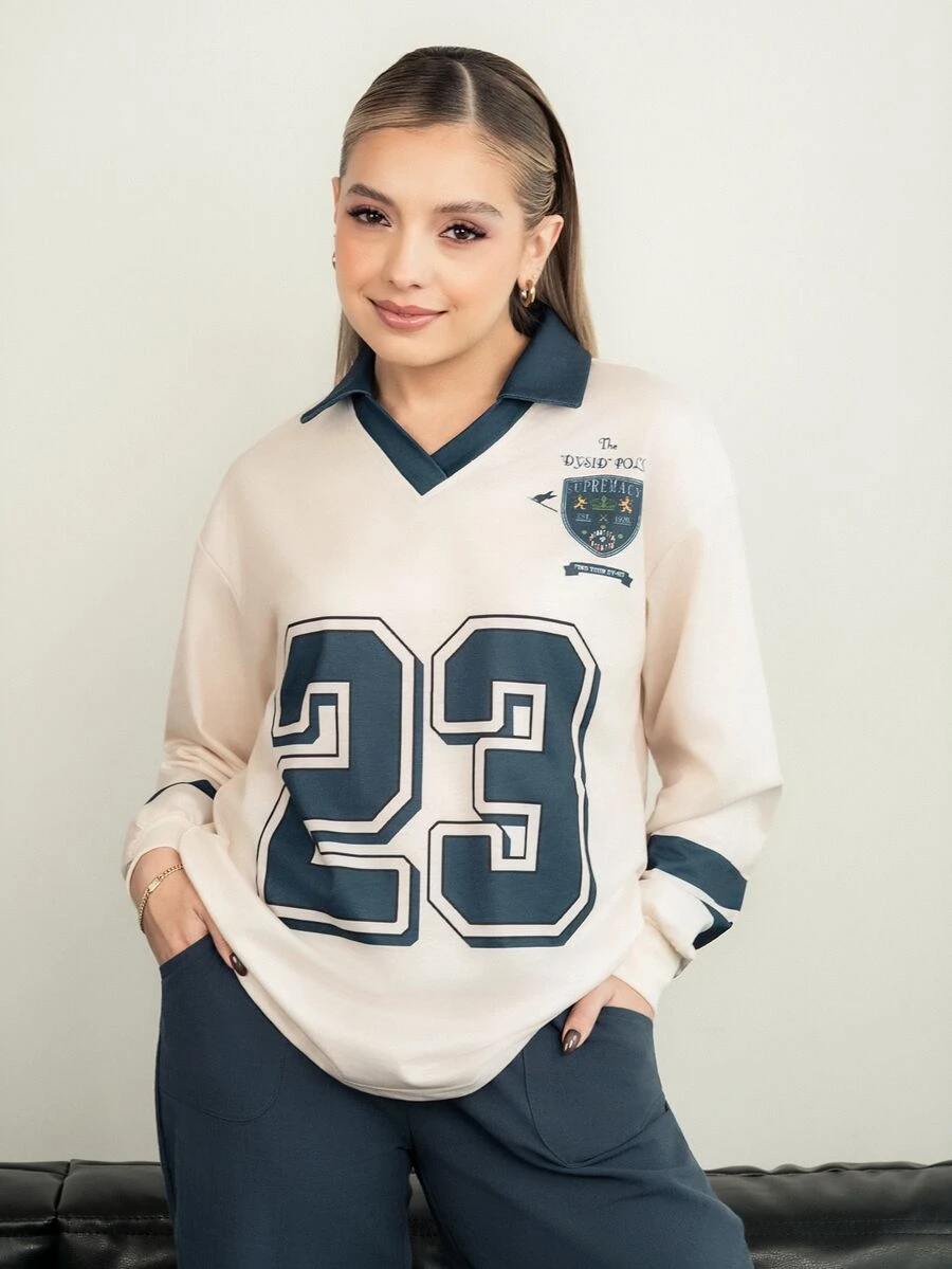 Ximena Robles Ximena Robles 女式休闲 Polo 领数字印花落肩长袖上衣 - 彩色 - 查看 1