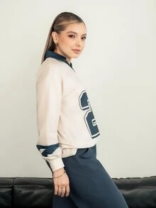 Ximena Robles Ximena Robles 女式休闲 Polo 领数字印花落肩长袖上衣 - 彩色 - 查看 4