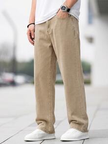 SHEIN 青少年男孩休閒百搭直筒牛仔褲附口袋 - 卡其色 - 查看 3