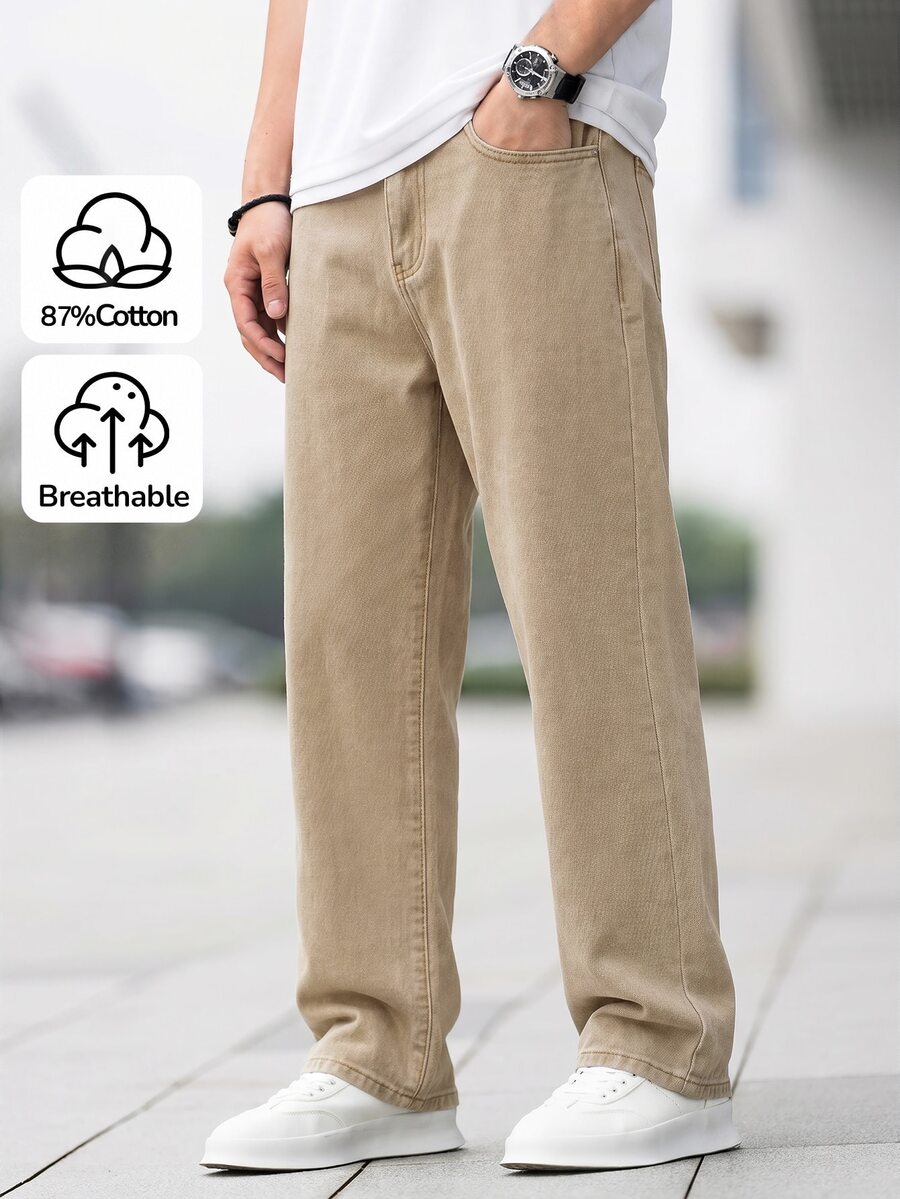 SHEIN 青少年男孩休閒百搭直筒牛仔褲附口袋 - 卡其色 - 查看 1