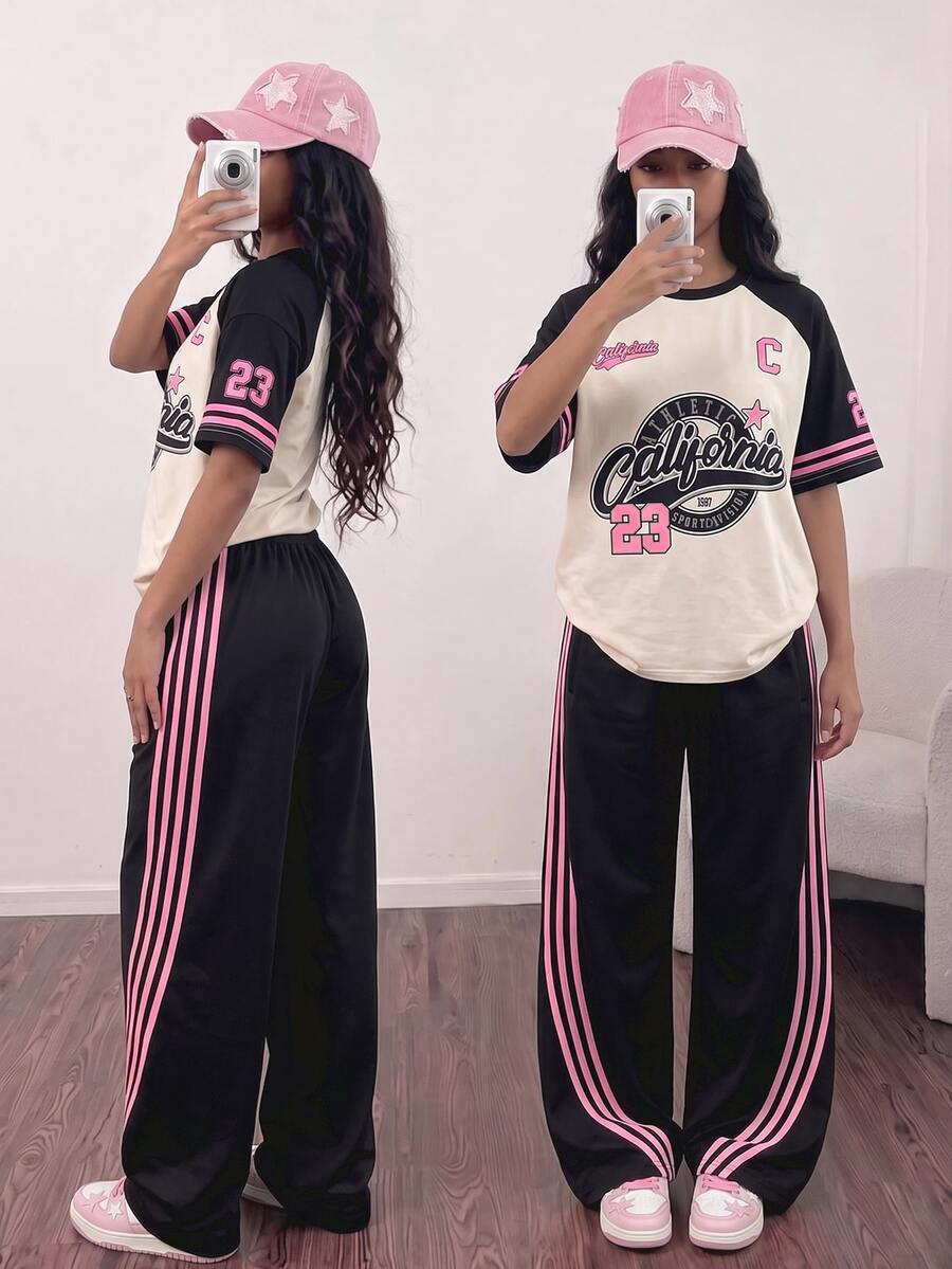 青少年女孩 T恤與長褲兩件套,休閒寬鬆針織,返校穿搭,復古亮片度假造型 - 彩色 - 查看 1