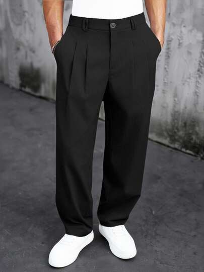 Manfinity Homme Pantaloni lunghi casual versatili da uomo taglie forti, tinta unita, con pieghe e tasche, per uso quotidiano e viaggi