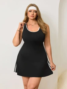 Velisys Velisys Women's Plus Size Colorblock Striped Halter Neck Sports Dress - Black - View 6