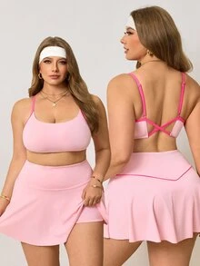 Velisys Velisys Women's Plus Size Criss-Cross Back Tank Top And Skort Sports Set - Pink - View 1