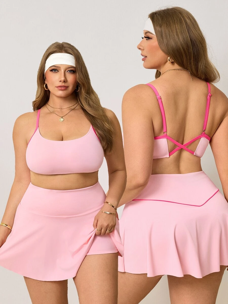 Velisys Velisys Women's Plus Size Criss-Cross Back Tank Top And Skort Sports Set - Pink - View 1
