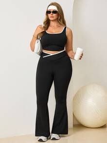 Velisys Velisys Women's Plus Size Colorblock Cropped Tank Top And Criss-Cross Waistband Slim Fit Leggings Sports Set - Black - View 1