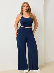 Velisys Velisys Women Plus Size Solid Color Pleated Cami Top And High Waist Leggings Casual Daily Sports Set - Navy Blue - View 3