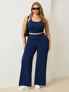 Velisys Velisys Women Plus Size Solid Color Pleated Cami Top And High Waist Leggings Casual Daily Sports Set - Navy Blue - View 4