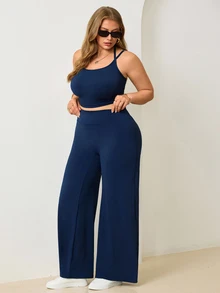 Velisys Velisys Women Plus Size Solid Color Pleated Cami Top And High Waist Leggings Casual Daily Sports Set - Navy Blue - View 5