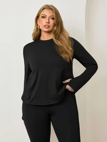 Velisys Velisys Women's Plus Size Solid Color Long Sleeve Criss-Cross Wrap Sports T-Shirt Fall - Black - View 2