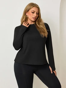 Velisys Velisys Women's Plus Size Solid Color Long Sleeve Criss-Cross Wrap Sports T-Shirt Fall - Black - View 3
