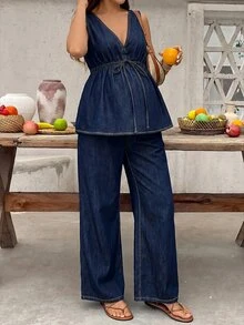 SHEIN 孕妇牛仔两件套夏季嘉年华服装通勤度假毕业时尚Y2K可爱街头风性感派对婚礼优雅商务休闲女士商务海滩毕业典礼女士孕妇牛仔连体裤100%纯棉V领无袖阔腿背带裤夏季舒适 - 藍色 - 查看 6