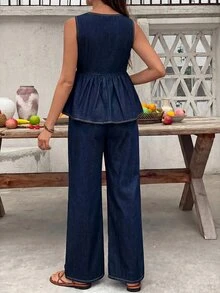 SHEIN 孕妇牛仔两件套夏季嘉年华服装通勤度假毕业时尚Y2K可爱街头风性感派对婚礼优雅商务休闲女士商务海滩毕业典礼女士孕妇牛仔连体裤100%纯棉V领无袖阔腿背带裤夏季舒适 - 藍色 - 查看 2