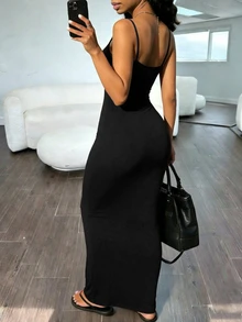 INAWLY Solva Women's Summer Sexy Solid Color Fitted Spaghetti Strap Dress - Black - View 4