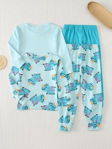 Cozy Pixies Baby Boy Snug Fit Pajama Set, Cartoon Pattern Knitted Soft Crew Neck Long Sleeve Pullover Top And Elastic Waist Long Pants, Tight Fit Loungewear - Green - View 2