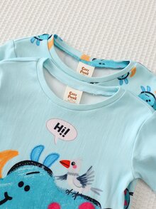 Cozy Pixies Baby Boy Snug Fit Pajama Set, Cartoon Pattern Knitted Soft Crew Neck Long Sleeve Pullover Top And Elastic Waist Long Pants, Tight Fit Loungewear - Green - View 4