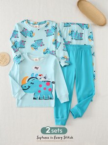 Cozy Pixies Baby Boy Snug Fit Pajama Set, Cartoon Pattern Knitted Soft Crew Neck Long Sleeve Pullover Top And Elastic Waist Long Pants, Tight Fit Loungewear - Green - View 1