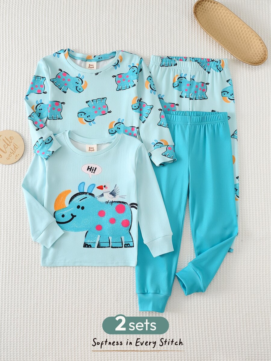 Cozy Pixies Baby Boy Snug Fit Pajama Set, Cartoon Pattern Knitted Soft Crew Neck Long Sleeve Pullover Top And Elastic Waist Long Pants, Tight Fit Loungewear - Green - View 1