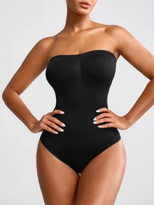 SHAPORA Women's Solid Color Strapless Bodysuit Shapewear - Black - View 3