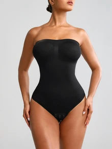 SHAPORA Women's Solid Color Strapless Bodysuit Shapewear - Black - View 4