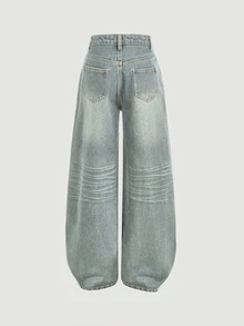 SHEIN Girlism 少女Y2K复古宽松阔腿牛仔裤，原宿风韩流街头服饰，2000年代复古风，适合春秋季返校季穿着。 - 淺色水洗藍 - 查看 2