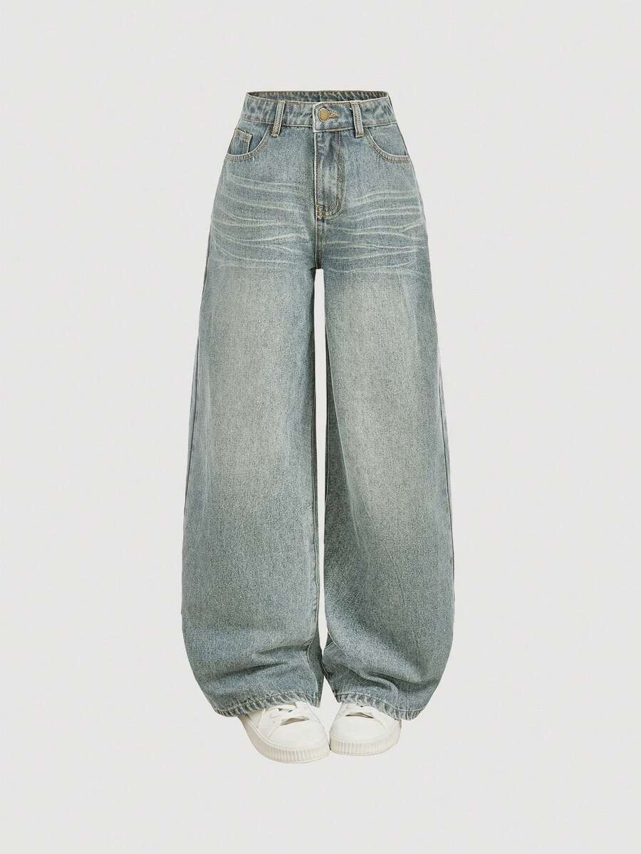 SHEIN Girlism 少女Y2K复古宽松阔腿牛仔裤,原宿风韩流街头服饰,2000年代复古风,适合春秋季返校季穿着。 - 淺色水洗藍 - 查看 1