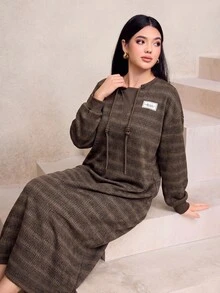 Graceveil Women's Casual Autumn/Winter Long Sweatshirt With Round Neck, Rope Decor, Loose Fit, Brown Gradient Stripes - Brown - View 7