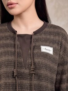 Graceveil Women's Casual Autumn/Winter Long Sweatshirt With Round Neck, Rope Decor, Loose Fit, Brown Gradient Stripes - Brown - View 8