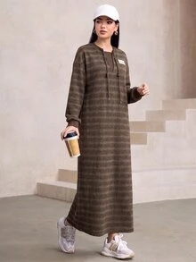 Graceveil Women's Casual Autumn/Winter Long Sweatshirt With Round Neck, Rope Decor, Loose Fit, Brown Gradient Stripes - Brown - View 6