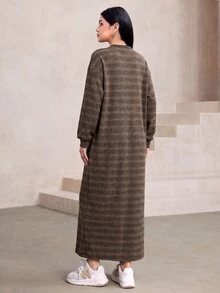 Graceveil Women's Casual Autumn/Winter Long Sweatshirt With Round Neck, Rope Decor, Loose Fit, Brown Gradient Stripes - Brown - View 3