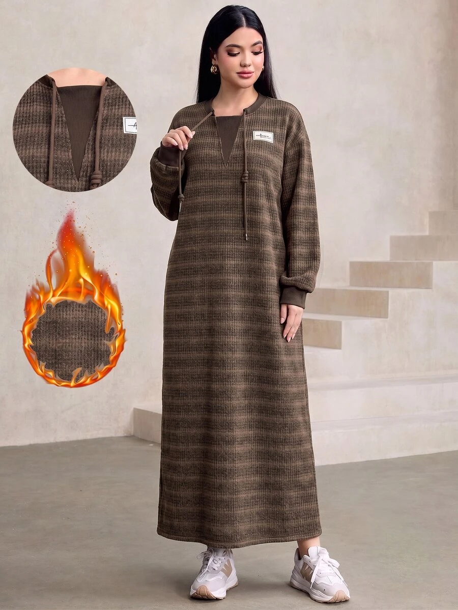 Graceveil Women's Casual Autumn/Winter Long Sweatshirt With Round Neck, Rope Decor, Loose Fit, Brown Gradient Stripes