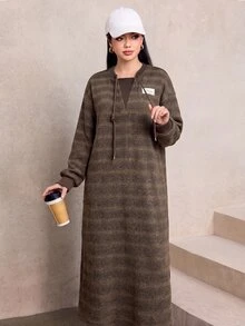 Graceveil Women's Casual Autumn/Winter Long Sweatshirt With Round Neck, Rope Decor, Loose Fit, Brown Gradient Stripes - Brown - View 5