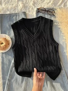 SHEIN (Tween女孩) 淺杏色V領刺繡針織背心毛衣，柔軟舒適，適合日常穿著、外出、旅行、度假、居家、托兒中心與玩耍 - 黑色 - 查看 4