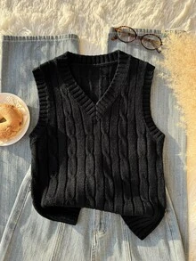SHEIN (Tween女孩) 淺杏色V領刺繡針織背心毛衣，柔軟舒適，適合日常穿著、外出、旅行、度假、居家、托兒中心與玩耍 - 黑色 - 查看 7