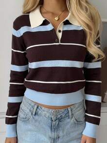 SHEIN Kids Teen Girls Sweaters Striped Long Sleeve Polo Collar Autumn/Winter Preppy Coquette Barn Colorblock Striped /Y2k - Multicolor - View 1