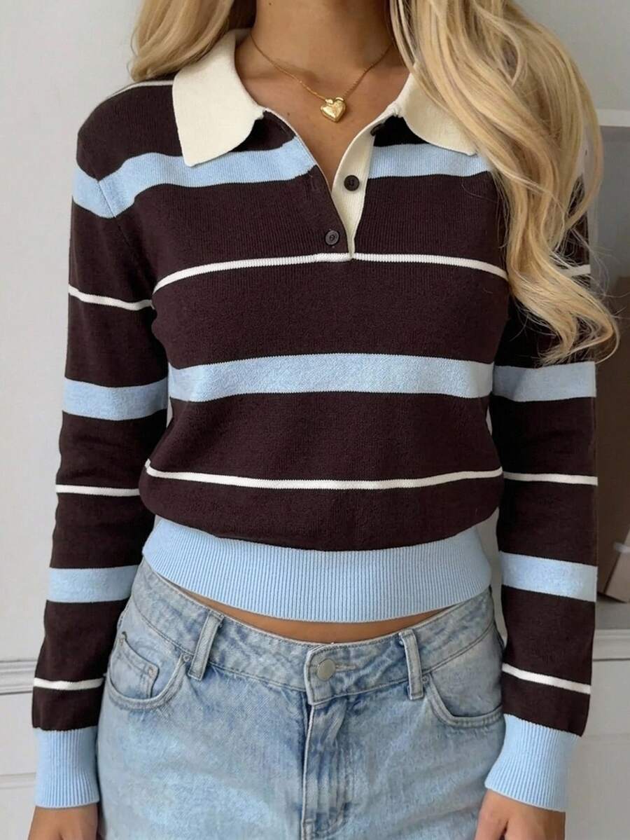 SHEIN Kids Teen Girls Sweaters Striped Long Sleeve Polo Collar Autumn/Winter Preppy Coquette Barn Colorblock Striped /Y2k - Multicolor - View 1